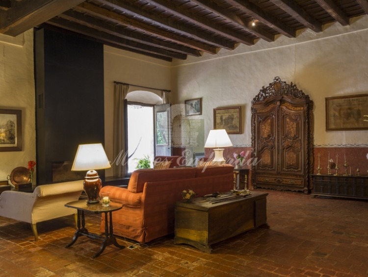 Salón principal de la masía con chimenea y acceso a la terraza de arcos de la fachada lateral 